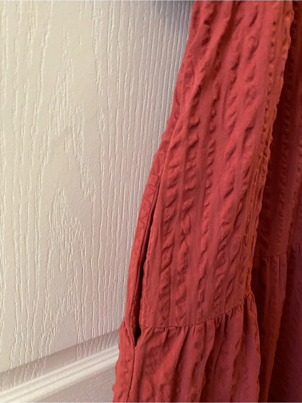 FREE THE ROSES Stripe Texture Tiered Collared Midi Dress in Red - S - Picture 11 of 16